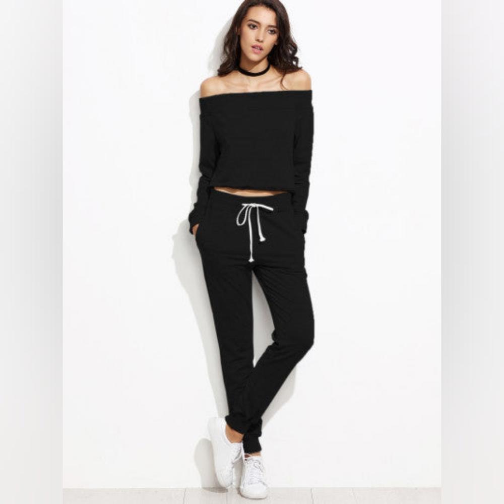 Two Piece Off Shoulder Crop Top and Sweat Pant Set Sport Tracksuit Black XL - Picture 6 of 7